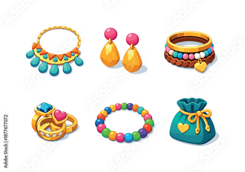 Fashion Jewelry Icons. Fashion Jewelry. Isometric flat vector icons set of Fashion Jewelry: statement necklace, chunky earrings, layered bracelets, fashion