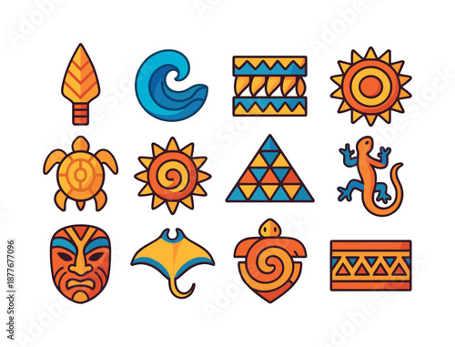 Polynesian Tattoo Icons. Polynesian Tattoo Art. Colorful flat vector icons set of Polynesian tattoo art: spearhead pattern, ocean wave motif, shark tooth band,