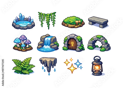 Hidden Grotto Icons. hidden grotto. Colorful isometric vector icons set of hidden grotto: crystal-lit pool, hanging vines, moss patch, stone bench, glowing