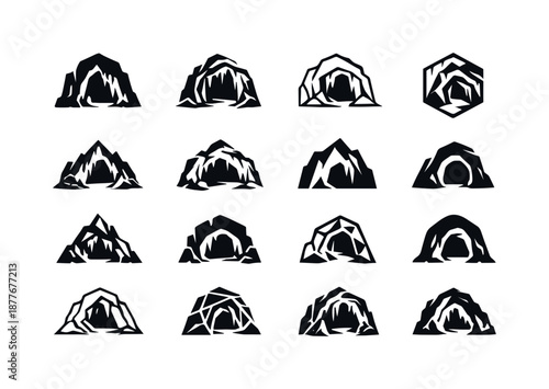 Cave Icon Set. Caves and caverns. Icon set. Set Logo of Caves and caverns: cave map symbol. harmonious logo variations of the same emblematic concept, each