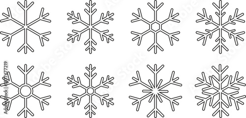 Snowflake icon set in black color, various winter ice crystal symbols in outline and minimalist styles for Christmas and holiday season design, cold weather vector graphics illustration.