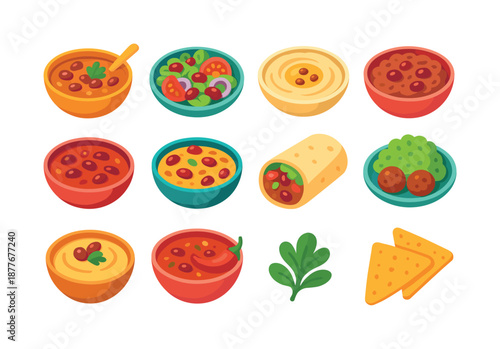 Colorful Bean Dish Icons. Bean Dishes. Colorful flat vector icons set of Bean Dishes: bean soup bowl, bean salad plate, hummus dish, refried beans, red bean