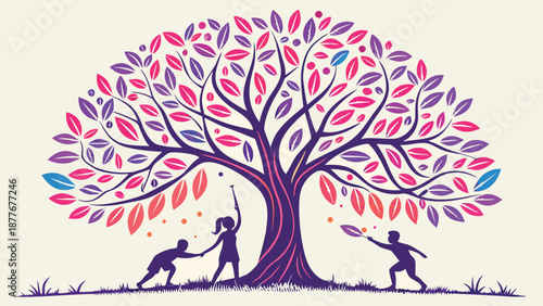 Children playing under colorful tree with leaves kids running and having fun outdoors in nature