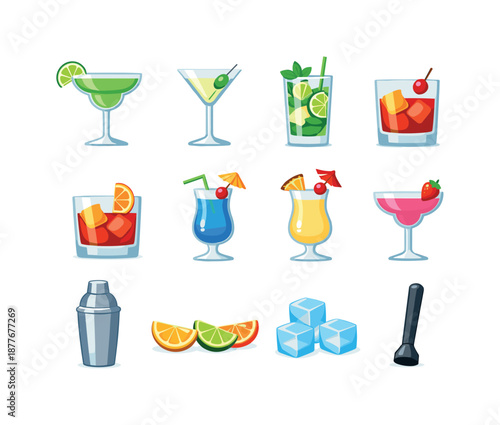 Colorful Cocktail Icons. Cocktail Bar. Colorful flat vector icons set of Cocktail Bar: margarita glass, martini glass, mojito, old fashioned, negroni, blue