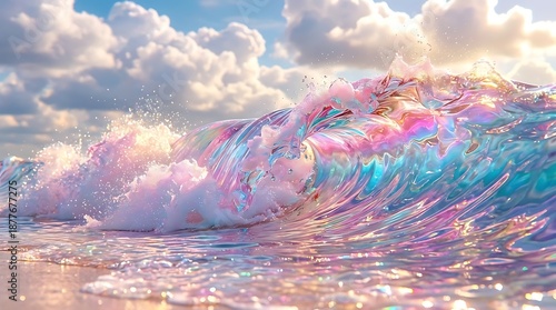 Iridescent ocean wave with rainbow colors and fluffy clouds at sunset water crashing