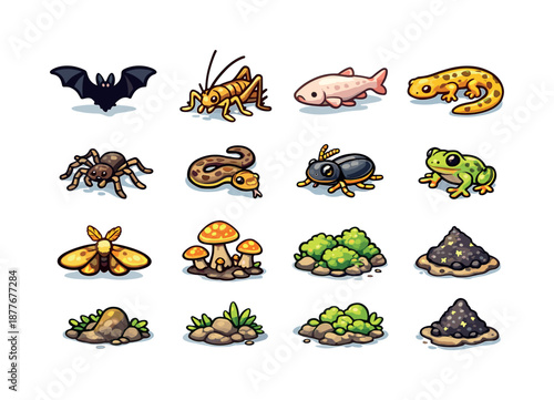 Cave Wildlife Icons. cave wildlife. Colorful isometric vector icons set of cave wildlife: bat silhouette, cave cricket, blind fish, salamander, spider, small