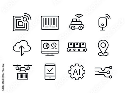 Supply Chain Icons. Supply Chain Technology. Line icon set of Supply Chain Technology: RFID tag, barcode label, warehouse robot, IoT sensor, cloud platform,