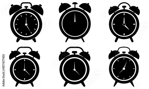 Six black alarm clocks with different times on white background clock face