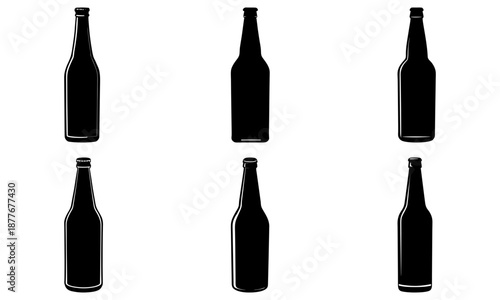 Six black beer bottles silhouette on white background