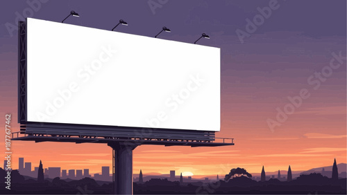 A large blank billboard against a vibrant city skyline at sunset