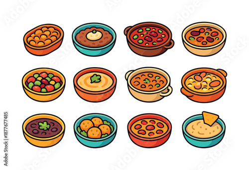 Colorful Bean Dishes. Bean Dishes. Colorful isometric vector icons set of Bean Dishes: baked beans, refried beans, bean stew, bean chili, bean salad, hummus,