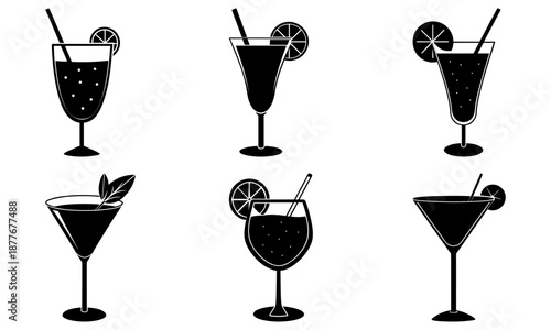 Six Cocktail Glasses with Lemon Slices and Bubbles on White Background drink