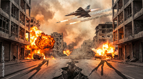 Obraz na plátně War-torn City Under Aerial Attack fighter jet launches a missile during an air s