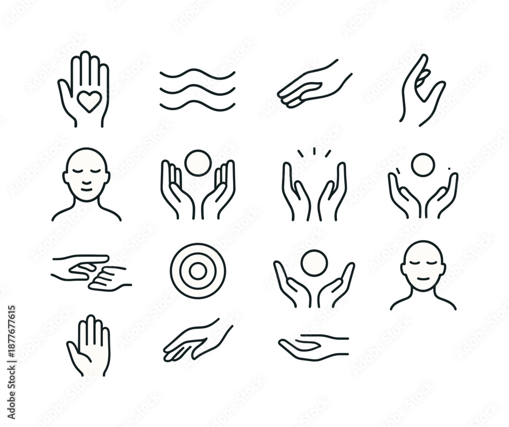 Fototapeta premium Mindful Line Icons. Mindful touch. Line icon set of Mindful touch: hand with heart, calm waves, soft gesture, mindful icon, serenity hands, peaceful glow,