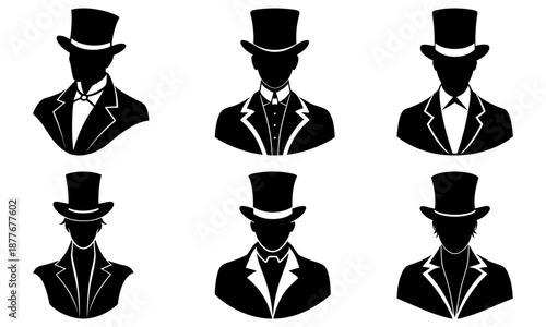 Six Black and White Silhouettes of Men Wearing Hats and Suits with Transparent Background