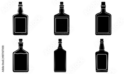 Five black liquor bottle silhouettes on white background five bottles