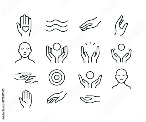 Mindful Line Icons. Mindful touch. Line icon set of Mindful touch: hand with heart, calm waves, soft gesture, mindful icon, serenity hands, peaceful glow,