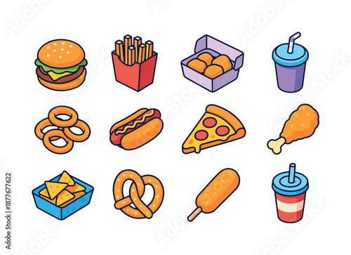 Colorful Fast Food Icons. fast food. Colorful isometric vector icons set of fast food: cheeseburger, fries pack, chicken nuggets, milkshake cup, onion rings,