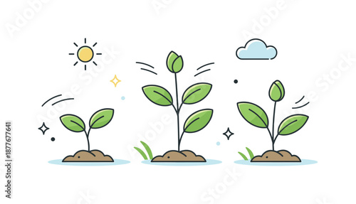 Spring Growth Illustration. Spring green shoots scene. Simple young plants with tender buds and abstract motion lines, suggesting gentle growth and seasonal