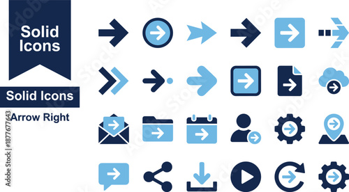 Solid Arrow Right Vector Icons - Blue Next, Forward, Play, and Directional Navigation Symbols Set
