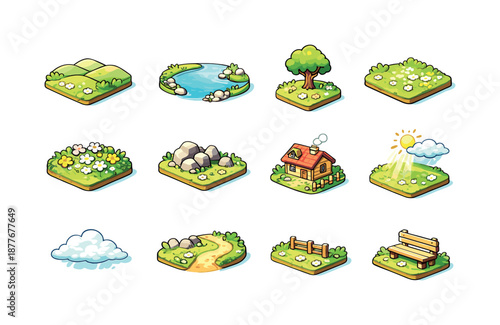Isometric Peaceful Landscape. Peaceful landscape. Colorful isometric vector icons set of peaceful landscape: soft hills, calm lake, lone tree, grassy field,