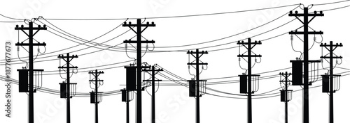 Electric power line silhouette with utility poles and transformers, overhead electricity distribution network, energy infrastructure system, industrial grid technology, black white illustration