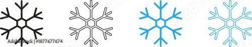 Snowflake icon set in blue and black colors, various winter ice crystal symbols in outline and minimalist styles for Christmas and holiday season design, cold weather vector graphics illustration.