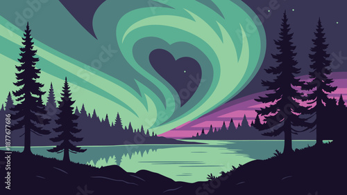 Vibrant green and purple aurora borealis heart shape over serene lake with pine trees