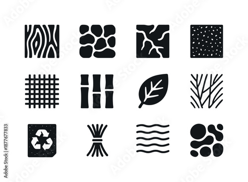Natural Texture Icons. Natural textures. Solid icon set of natural textures: wood grain, stone pattern, clay surface, cork texture, fabric weave, bamboo