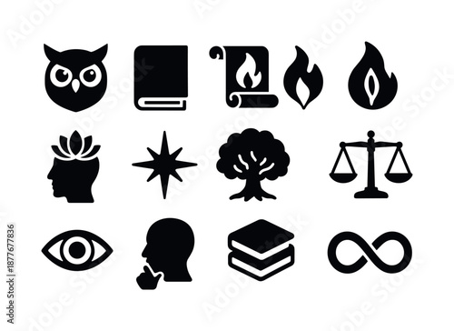 Wisdom Icons Collection. Wisdom. Solid icon set of wisdom: owl head, ancient book, illuminated scroll, wisdom flame, lotus mind, guiding star, elder tree,
