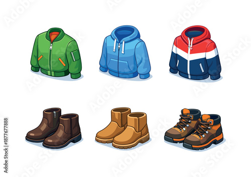 Stylish Jacket and Boots. Light jacket & boots set. Isometric flat vector icons set of light jacket & boots set: bomber jacket, lightweight hoodie, windbreaker