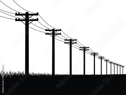 Electric power line silhouette, utility poles perspective view, overhead electricity transmission, energy infrastructure network, rural landscape, industrial grid, black white illustration