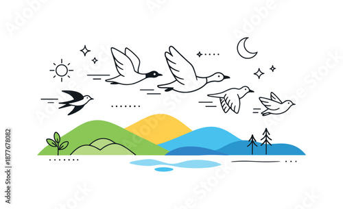 Spring Bird Migration. Spring migration birds. Clean outlined birds flying above abstract landscape shapes, suggesting migration and seasonal transition.