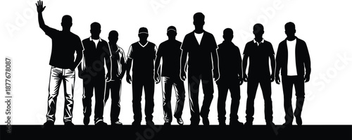 Silhouette Vector Illustration of Large Group of Diverse Men Standing Together with One Waving, Symbolizing Friendship, Teamwork, and Unity