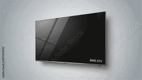 a sleek black television mounted on a wall with a subtle background