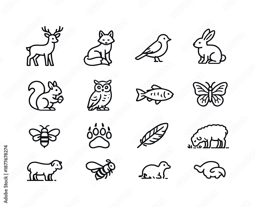 Fototapeta premium Valley Wildlife Icons. Valley wildlife. Line icon set of Valley wildlife: deer, fox, bird, rabbit, squirrel, owl, fish, butterfly, bee, bear paw print,