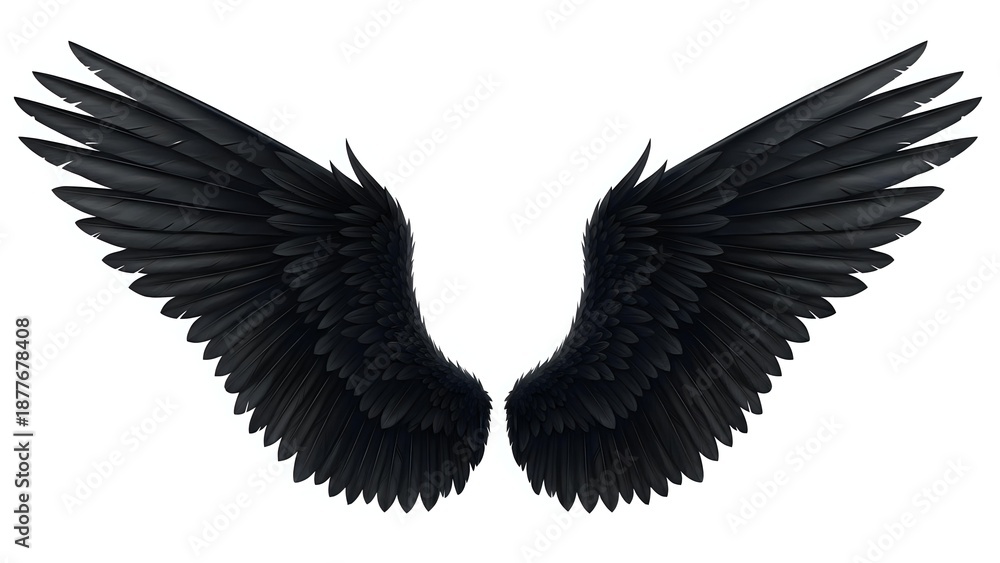 Obraz premium Black angel wings spread wide on transparent background, isolated design element for gothic themes, fantasy art, and creative projects.
