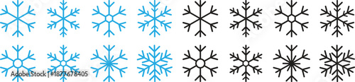 Snowflake icon set in blue and black colors, various winter ice crystal symbols in outline and minimalist styles for Christmas and holiday season design, cold weather vector graphics illustration.
