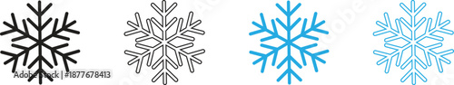 Snowflake icon set in blue and black colors, various winter ice crystal symbols in outline and minimalist styles for Christmas and holiday season design, cold weather vector graphics illustration.