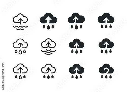 Rain Cycle Icons. Rain formation. Icon set. Set Logo of rain formation: water cycle icons. harmonious logo variations of the same emblematic concept, each with