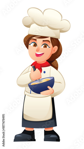 Little girl chef character mixing batter in a bowl with a wire whisk tool. Vector cartoon illustration
