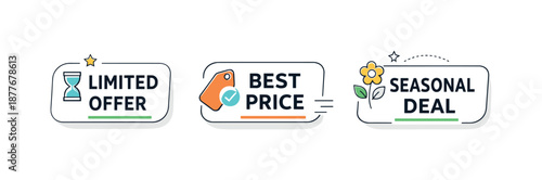 Spring Sale Badges. Promo badges for spring sales. A minimal UI-style badge pack for ecommerce, including ?Limited Offer?, ?Best Price?, and ?Seasonal Deal?,