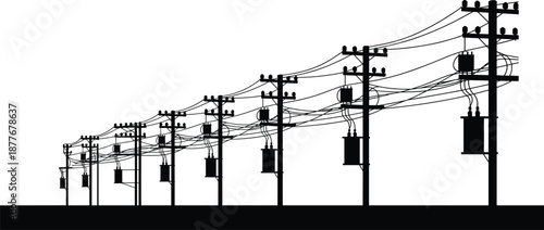 Electric power line silhouette, utility poles with transformers, electricity transmission network, energy infrastructure, industrial grid system, overhead wires, black white illustration
