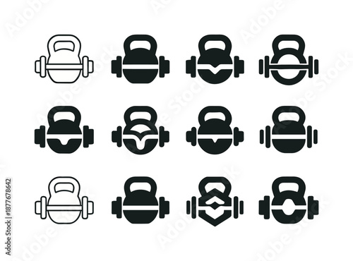 Cross-Training Logo Set. Cross-training. Icon set. Set Logo of cross-training: kettlebell with barbell. harmonious logo variations of the same emblematic