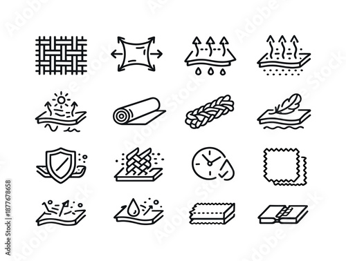 Performance Fabric Icons. Performance Fabric. Line icon set of Performance Fabric: fabric weave pattern, elastic stretch, moisture arrows, breathable pores,