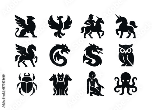 Religious Myth Icons. Religious myths and their cultural importance. Icon set. Set Logo of Religious myths and their cultural importance: Mythic animal symbol: