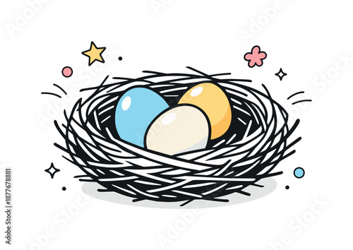 Nurturing Nest Art. Nest with Eggs. Close-up nest illustration emphasizing texture of twigs and smooth egg shapes. Warm and nurturing atmosphere suitable for