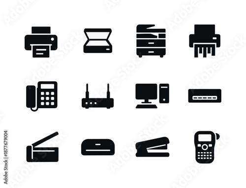 Office Equipment Icons. Office equipment. Solid icon set of office equipment: printer icon, scanner device, copier machine, shredder bin, fax machine, network