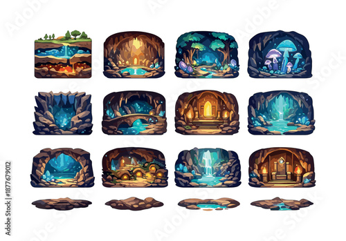 Underground Icon Set. Underground worlds. Colorful flat vector icons set of underground worlds: layered cavern map, giant cavern hall, subterranean forest