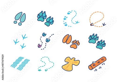 Colorful Snow Tracks Icons. Snow tracks and traces. Colorful isometric vector icons set of snow tracks and traces: deer tracks, wolf tracks, hare footprints,